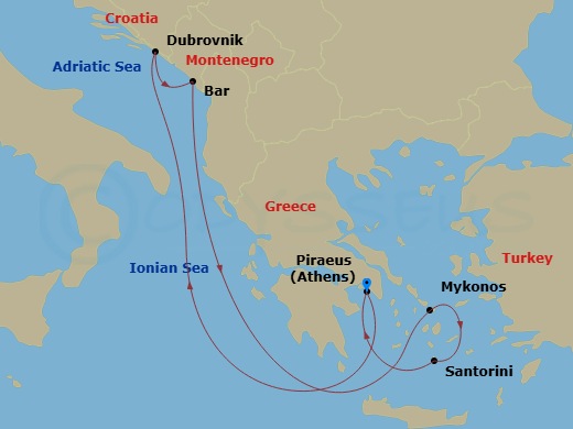 Celebrity Infinity - 7 Night - Best of Greece & Croatia Cruise - Celebrity Infinity - Starting in Athens (Piraeus), Greece, Dubrovnik, Croatia, Montenegro, Mykonos, Greece, Santor.. itinerary map