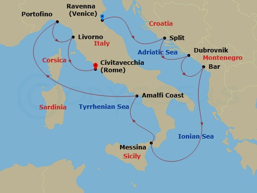 Celebrity Constellation - 11 Night - Best of Italy & Croatia Cruise - Celebrity Constellation - Starting in Ravenna, Italy, Split, Croatia, Dubrovnik, Croatia, Montenegro, Sicily (Mess.. itinerary map