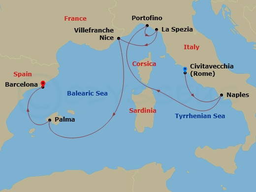 Celebrity Equinox - 9 Night - Italian Riviera, France & Spain - Celebrity Equinox - Starting in Rome (Civitavecchia), Italy, Naples, Italy, Portofino, Italy, Florence / Pisa (La.. itinerary map