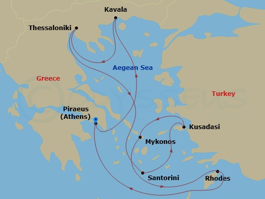 Celebrity Infinity - 9 Night - Best of Greece Cruise - Celebrity Infinity - Starting in Athens (Piraeus), Greece, Kavala, Greece, Thessaloniki, Greece, Santorini, Greece, Ephesus.. itinerary map
