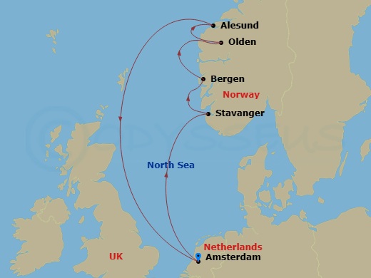 Celebrity Eclipse - 7 Night - Norwegian Fjords Cruise - Celebrity Eclipse - Starting in Amsterdam, Netherlands, Stavanger, Norway, Bergen, Norway, Olden, Norway, Alesund, Norway,.. itinerary map