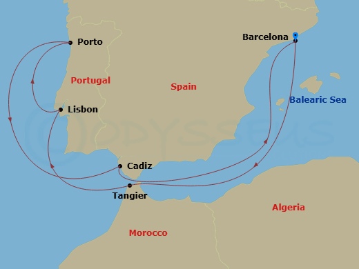 Celebrity Equinox - 9 Night - Spain, Portugal & Morocco - Celebrity Equinox - Starting in Barcelona, Spain, Tangier, Morocco, Lisbon, Portugal, Porto (Leixoes), Portugal, Seville.. itinerary map