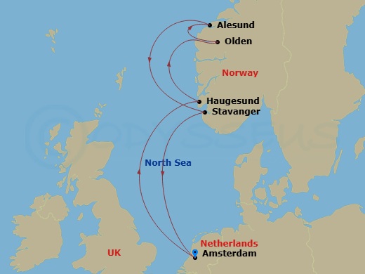 Celebrity Eclipse - 7 Night - Norwegian Fjords Cruise - Celebrity Eclipse - Starting in Amsterdam, Netherlands, Haugesund, Norway, Olden, Norway, Alesund, Norway, Stavanger, Norw.. itinerary map