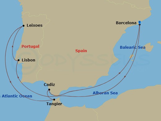 Celebrity Equinox - 9 Night - Spain, Portugal & Morocco - Celebrity Equinox - Starting in Barcelona, Spain, Lisbon, Portugal, Porto (Leixoes), Portugal, Tangier, Morocco, Seville.. itinerary map