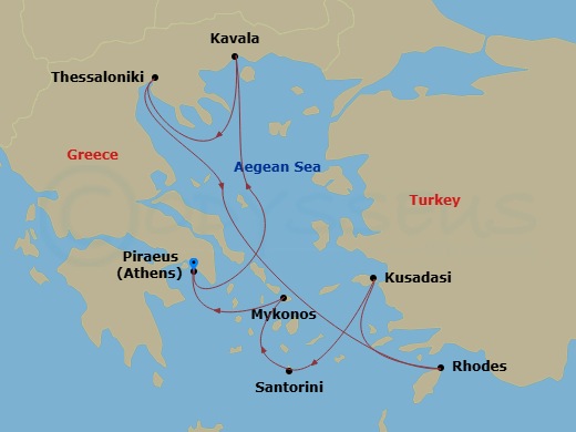 Celebrity Infinity - 9 Night - Best of Greece Cruise - Celebrity Infinity - Starting in Athens (Piraeus), Greece, Kavala, Greece, Thessaloniki, Greece, Rhodes, Greece, Ephesus (Ku.. itinerary map