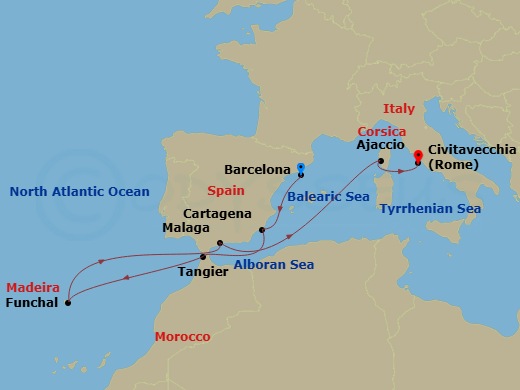 Celebrity Equinox - 10 Night - Spain, Portugal & Morocco - Celebrity Equinox - Starting in Barcelona, Spain, Cartagena ES, Tangier, Morocco, Madeira (Funchal), Portugal, Malaga,.. itinerary map
