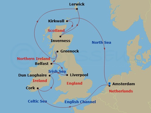 Celebrity Eclipse - 13 Night - British Isles Cruise - Celebrity Eclipse - Starting in Amsterdam, Netherlands, Cork (Cobh), Ireland, Dun Laoghaire, Ireland, Liverpool, England, Be.. itinerary map