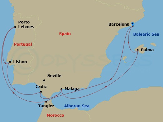 Celebrity Equinox - 10 Night - Spain, Portugal & Morocco - Celebrity Equinox - Starting in Barcelona, Spain, Tangier, Morocco, Porto (Leixoes), Portugal, Lisbon, Portugal, Sevill.. itinerary map