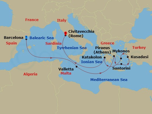Celebrity Equinox - 10 Night - Greek Isles & Malta Cruise - Celebrity Equinox - Starting in Barcelona, Spain, Valletta, Malta, Athens (Piraeus), Greece, Santorini, Greece, Ephesu.. itinerary map