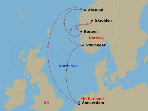 Celebrity Eclipse - 7 Night - Norwegian Fjords Cruise - Celebrity Eclipse - Starting in Amsterdam, Netherlands, Stavanger, Norway, Skjolden, Norway, Bergen, Norway, Alesund, Norw.. itinerary map