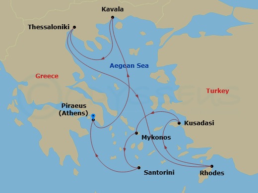 Celebrity Infinity - 9 Night - Best of Greece Cruise - Celebrity Infinity - Starting in Athens (Piraeus), Greece, Kavala, Greece, Thessaloniki, Greece, Rhodes, Greece, Ephesus (Ku.. itinerary map