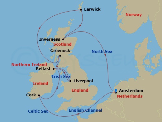 Celebrity Eclipse - 12 Night - British Isles Cruise - Celebrity Eclipse - Starting in Amsterdam, Netherlands, Cork (Cobh), Ireland, Belfast, Northern Ireland, Liverpool, England,.. itinerary map