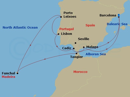 Celebrity Equinox - 11 Night - Spain, Portugal & Morocco - Celebrity Equinox - Starting in Barcelona, Spain, Tangier, Morocco, Madeira (Funchal), Portugal, Porto (Leixoes), Portu.. itinerary map