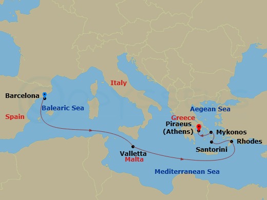 Celebrity Xcel - 7 Night - Greek Isles & Malta Cruise - Celebrity Xcel - Starting in Barcelona, Spain, Valletta, Malta, Rhodes, Greece, Santorini, Greece, Mykonos, Greece, Ath.. itinerary map