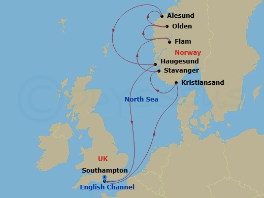 Celebrity Apex - 9 Night - Norwegian Fjords Cruise - Celebrity Apex - Starting in Southampton, England, Kristiansand, Norway, Stavanger, Norway, Flam, Norway, Olden, Norway, A.. itinerary map