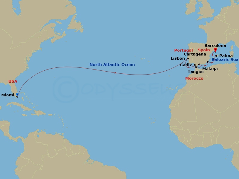 Celebrity Xcel - 15 Night - Spain & Portugal Transatlantic - Celebrity Xcel - Starting in Miami, Florida, Lisbon, Portugal, Seville (Cadiz), Spain, Tangier, Morocco, Malaga, S.. itinerary map