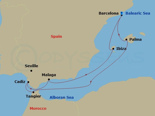 Celebrity Xcel - 7 Night - Spain & Morocco Solar Eclipse - Celebrity Xcel - Starting in Barcelona, Spain, Palma De Mallorca, Spain, Tangier, Morocco, Seville (Cadiz), Spain, M.. itinerary map