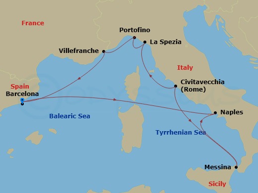Celebrity Xcel - 10 Night - Italy & French Riviera Cruise - Celebrity Xcel - Starting in Barcelona, Spain, Naples, Italy, Sicily (Messina), Italy, Rome (Civitavecchia), Italy,.. itinerary map
