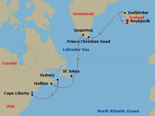 Celebrity Silhouette - 13 Night - Greenland & Iceland Cruise - Celebrity Silhouette - Starting in Cape Liberty, Nj (Ny Metro), Sydney NS, Nova Scotia, Halifax, Nova Scotia, St Johns.. itinerary map