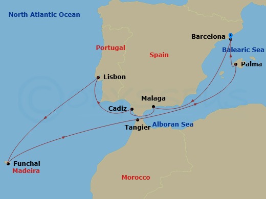 Celebrity Xcel - 12 Night - Spain, Portugal & Morocco - Celebrity Xcel - Starting in Barcelona, Spain, Malaga, Spain, Seville (Cadiz), Spain, Lisbon, Portugal, Madeira (Funcha.. itinerary map
