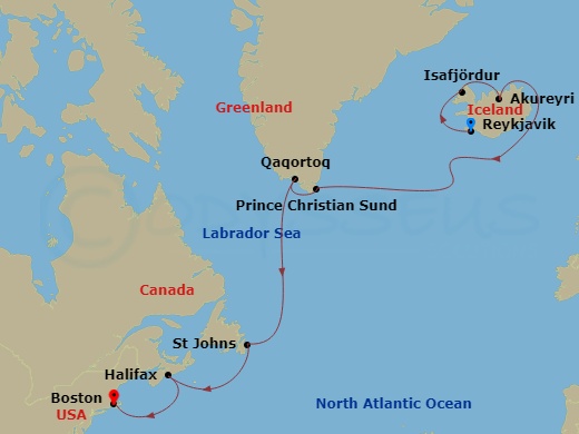 Celebrity Silhouette - 12 Night - Greenland & Iceland Cruise - Celebrity Silhouette - Starting in Reykjavik, Iceland, Isafjordur, Iceland, Akureyri, Iceland, Prins Christian Sund (C.. itinerary map