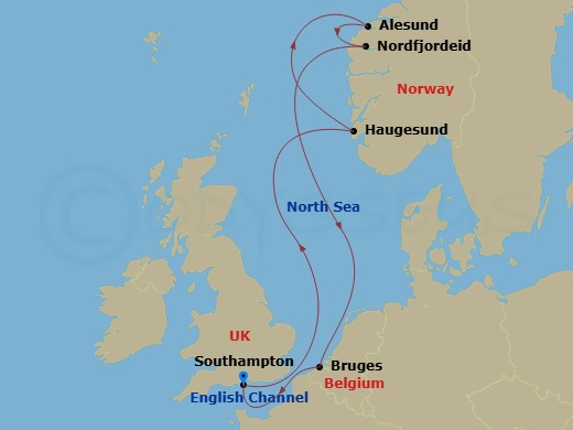 Celebrity Apex - 7 Night - Norwegian Fjords Cruise - Celebrity Apex - Starting in Southampton, England, Haugesund, Norway, Alesund, Norway, Nordfjordeid, Norway, Bruges, (Zeeb.. itinerary map