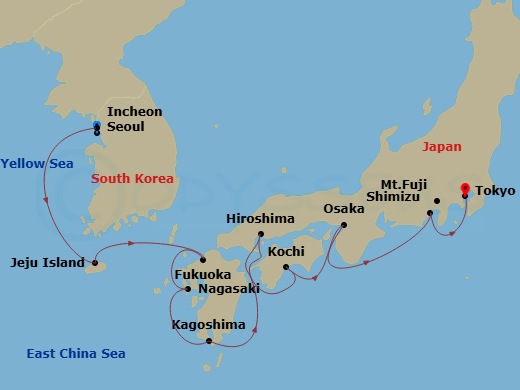 Celebrity Millennium - 13 Night - Best of Japan & South Korea - Celebrity Millennium - Starting in Seoul (Incheon), South Korea, Jeju Island, South Korea, Fukuoka, Japan, Nagasaki,.. itinerary map