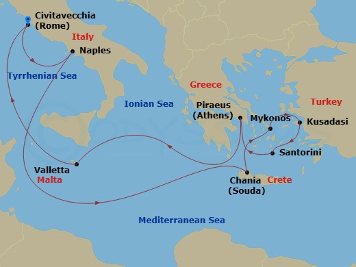Celebrity Ascent - 11 Night - Greece, Italy & Malta Cruise - Celebrity Ascent - Starting in Rome (Civitavecchia), Italy, Naples, Italy, Chania (Souda), Crete, Greece, Mykonos, G.. itinerary map