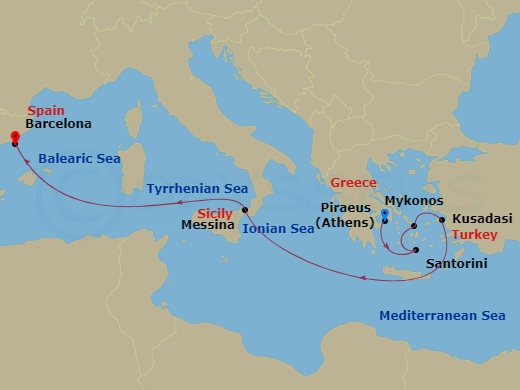 Celebrity Xcel - 7 Night - Greece, Italy & Turkey Cruise - Celebrity Xcel - Starting in Athens (Piraeus), Greece, Santorini, Greece, Mykonos, Greece, Ephesus (Kusadasi), Turke.. itinerary map