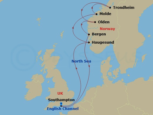 Celebrity Apex - 8 Night - Norwegian Fjords Cruise - Celebrity Apex - Starting in Southampton, England, Haugesund, Norway, Molde, Norway, Trondheim, Norway, Olden, Norway, Ber.. itinerary map
