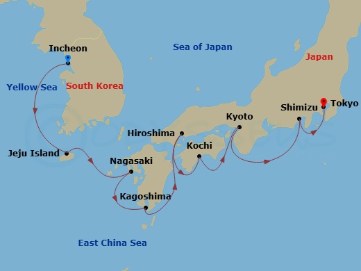 Celebrity Millennium - 12 Night - Best of Japan & South Korea - Celebrity Millennium - Starting in Seoul (Incheon), South Korea, Jeju Island, South Korea, Nagasaki, Japan, Kagoshima.. itinerary map