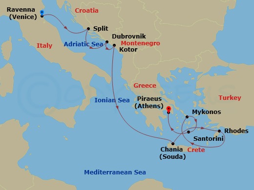 Celebrity Eclipse - 10 Night - Greek Isles & Croatia Cruise - Celebrity Eclipse - Starting in Ravenna, Italy, Split, Croatia, Dubrovnik, Croatia, Kotor, Montenegro, Chania (Souda.. itinerary map