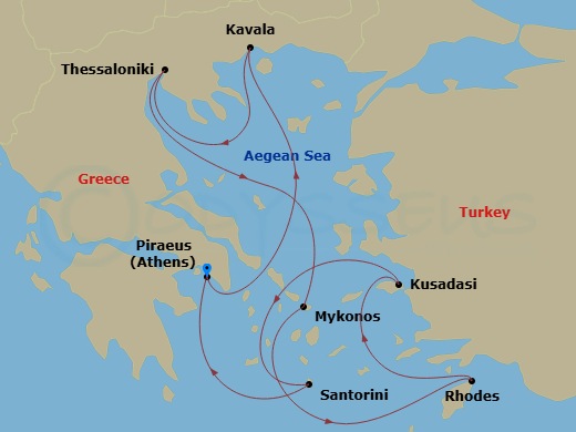 Celebrity Infinity - 9 Night - Best of Greece & Turkey Cruise - Celebrity Infinity - Starting in Athens (Piraeus), Greece, Kavala, Greece, Thessaloniki, Greece, Mykonos, Greece, R.. itinerary map