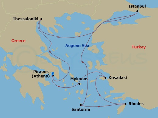 Celebrity Infinity - 10 Night - Best of Greece & Turkey Cruise - Celebrity Infinity - Starting in Athens (Piraeus), Greece, Thessaloniki, Greece, Istanbul, Turkey, Santorini, Gree.. itinerary map