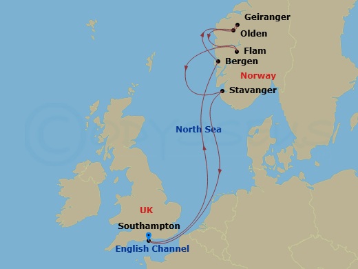 Celebrity Apex - 8 Night - Norwegian Fjords Cruise - Celebrity Apex - Starting in Southampton, England, Bergen, Norway, Geiranger, Norway, Olden, Norway, Flam, Norway, Stavang.. itinerary map