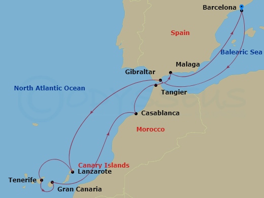Celebrity Infinity - 12 Night - Canaries, Spain & Morocco - Celebrity Infinity - Starting in Barcelona, Spain, Gibraltar, United Kingdom, Lanzarote, Canary Islands, Tenerife, Cana.. itinerary map