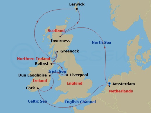 Celebrity Eclipse - 12 Night - British Isles Cruise - Celebrity Eclipse - Starting in Amsterdam, Netherlands, Cork (Cobh), Ireland, Dun Laoghaire, Ireland, Liverpool, England, Be.. itinerary map