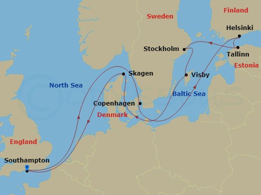 Celebrity Apex - 12 Night - Best of Scandinavia Cruise - Celebrity Apex - Starting in Southampton, England, Copenhagen, Denmark, Helsinki, Finland, Tallinn, Estonia, Stockholm.. itinerary map