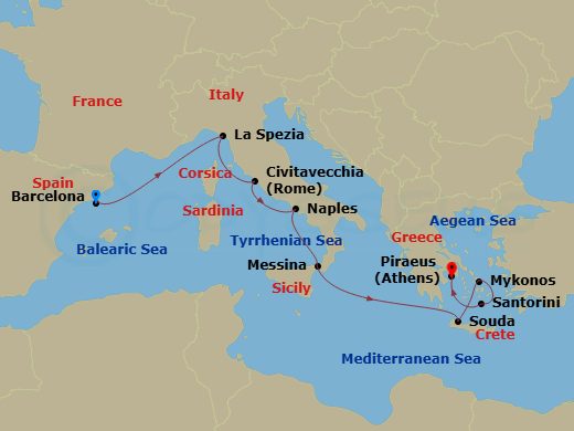 Celebrity Eclipse - 10 Night - Best of Italy & Greece Cruise - Celebrity Eclipse - Starting in Barcelona, Spain, Florence / Pisa (La Spezia), Italy, Rome (Civitavecchia), Italy,.. itinerary map