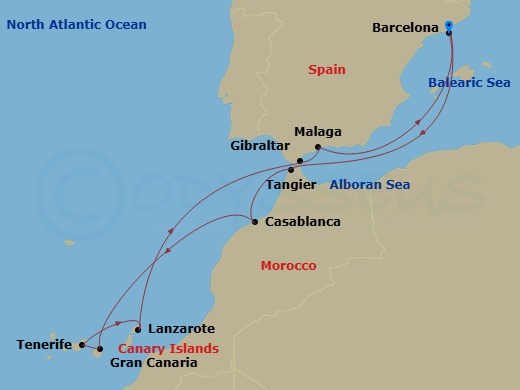 Celebrity Infinity - 12 Night - Canaries, Spain & Morocco Holiday - Celebrity Infinity - Starting in Barcelona, Spain, Tangier, Morocco, Casablanca, Morocco, Gran Canaria, Canary.. itinerary map