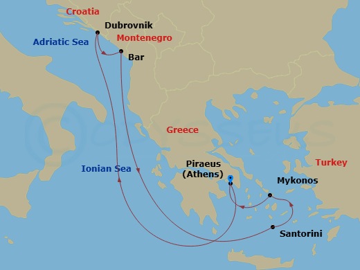Celebrity Infinity - 7 Night - Best of Greece & Croatia Cruise - Celebrity Infinity - Starting in Athens (Piraeus), Greece, Dubrovnik, Croatia, Montenegro, Santorini, Greece, Myko.. itinerary map