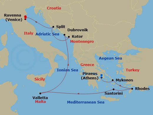 Celebrity Eclipse - 11 Night - Greek Isles, Croatia & Malta - Celebrity Eclipse - Starting in Athens (Piraeus), Greece, Mykonos, Greece, Rhodes, Greece, Santorini, Greece, Vallet.. itinerary map