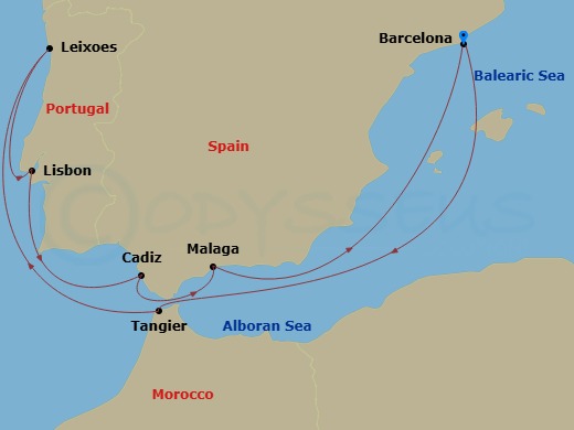 Celebrity Equinox - 9 Night - Spain, Portugal & Morocco - Celebrity Equinox - Starting in Barcelona, Spain, Tangier, Morocco, Porto (Leixoes), Portugal, Lisbon, Portugal, Seville.. itinerary map