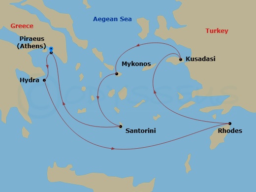 Celebrity Infinity - 8 Night - Best of Greece Cruise - Celebrity Infinity - Starting in Athens (Piraeus), Greece, Hydra, Greece, Rhodes, Greece, Ephesus (Kusadasi), Turkey, Mykono.. itinerary map
