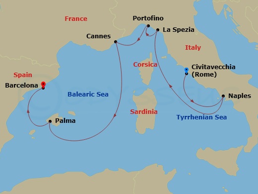 Celebrity Equinox - 9 Night - Italian Riviera, France & Spain - Celebrity Equinox - Starting in Rome (Civitavecchia), Italy, Naples, Italy, Florence / Pisa (La Spezia), Italy, Po.. itinerary map