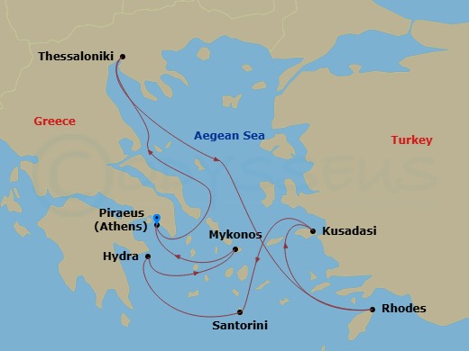 Celebrity Infinity - 10 Night - Best of Greece Cruise - Celebrity Infinity - Starting in Athens (Piraeus), Greece, Thessaloniki, Greece, Rhodes, Greece, Ephesus (Kusadasi), Turkey.. itinerary map