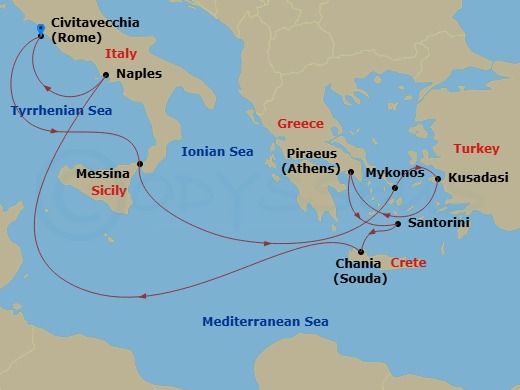 Celebrity Ascent - 11 Night - Greece & Italy Cruise - Celebrity Ascent - Starting in Rome (Civitavecchia), Italy, Sicily (Messina), Italy, Mykonos, Greece, Ephesus (Kusadasi), T.. itinerary map