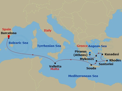 Celebrity Xcel - 9 Night - Greece, Malta & Turkey Cruise - Celebrity Xcel - Starting in Athens (Piraeus), Greece, Mykonos, Greece, Ephesus (Kusadasi), Turkey, Rhodes, Greece,.. itinerary map