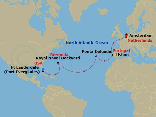 Celebrity Eclipse - 13 Night - Portugal & Bermuda Transatlantic - Celebrity Eclipse - Starting in Fort Lauderdale, Florida, Royal Naval Dockyard, Bermuda, Ponta Delgada, Azores,.. itinerary map