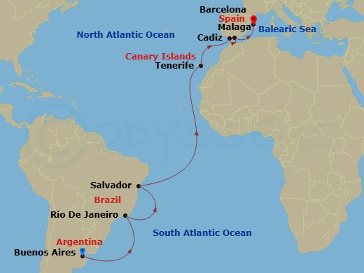 Celebrity Equinox - 17 Night - Argentina to Barcelona - Celebrity Equinox - Starting in Buenos Aires, Argentina, Rio De Janeiro, Brazil, Salvador De Bahia, Brazil, Tenerife, Cana.. itinerary map